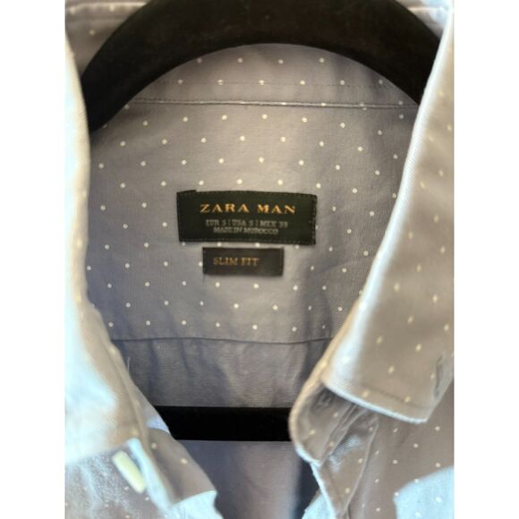 ZARA MAN Light Blue Short Sleeve Button-Up – Size Small – Slim Fit Polka Dot - Picture 2 of 3